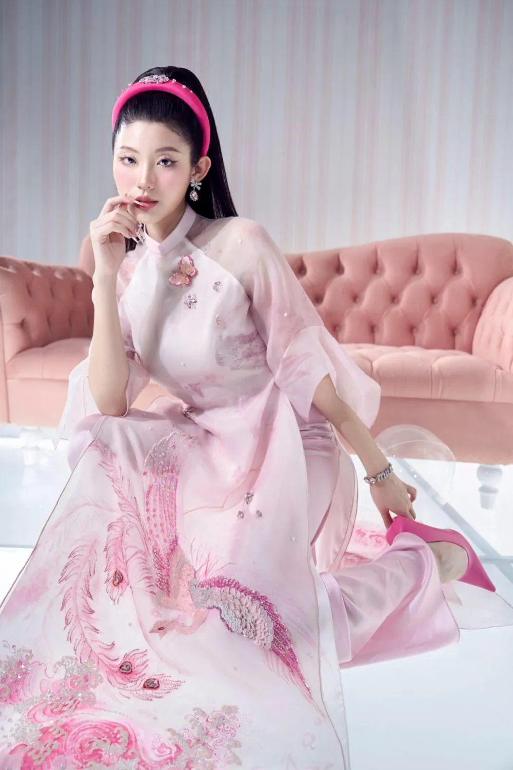 Wonder Wish A-line Mandarin Neck Organza Floor Length Ao Dai