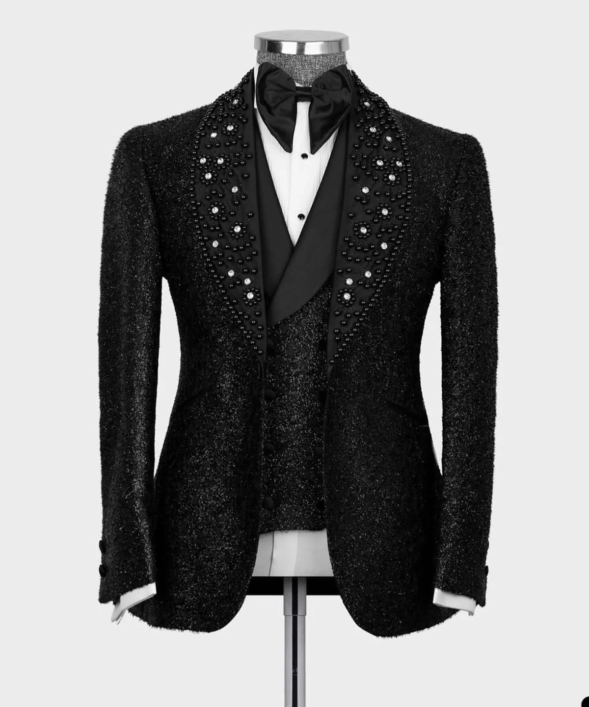 xiangtuibao Sparkling Black Men Suit 2 Pieces Business Blazer Pants One Button Sequins Pearls Wedding Groom Work Wear Party Causal Tailored