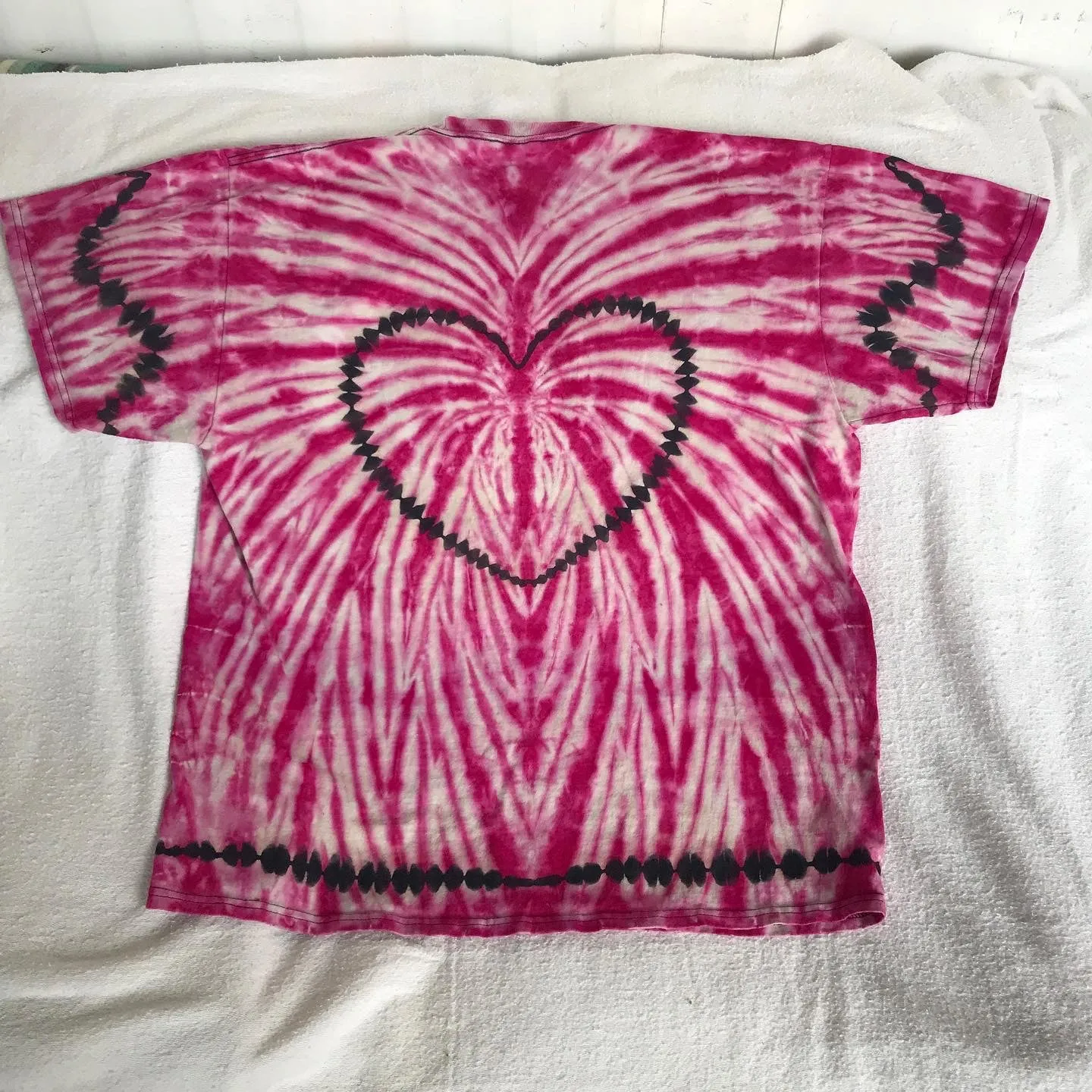 XL Discharged Ribbon and Tie-Dyed Pink Spider Tee with Heart on the back