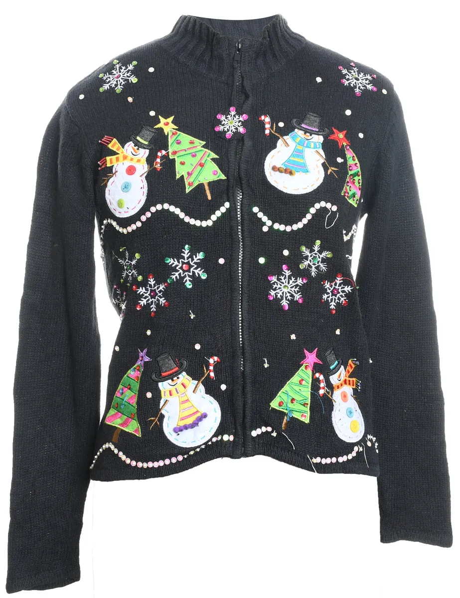 Zip-Front Appliqued Christmas Jumper  - M