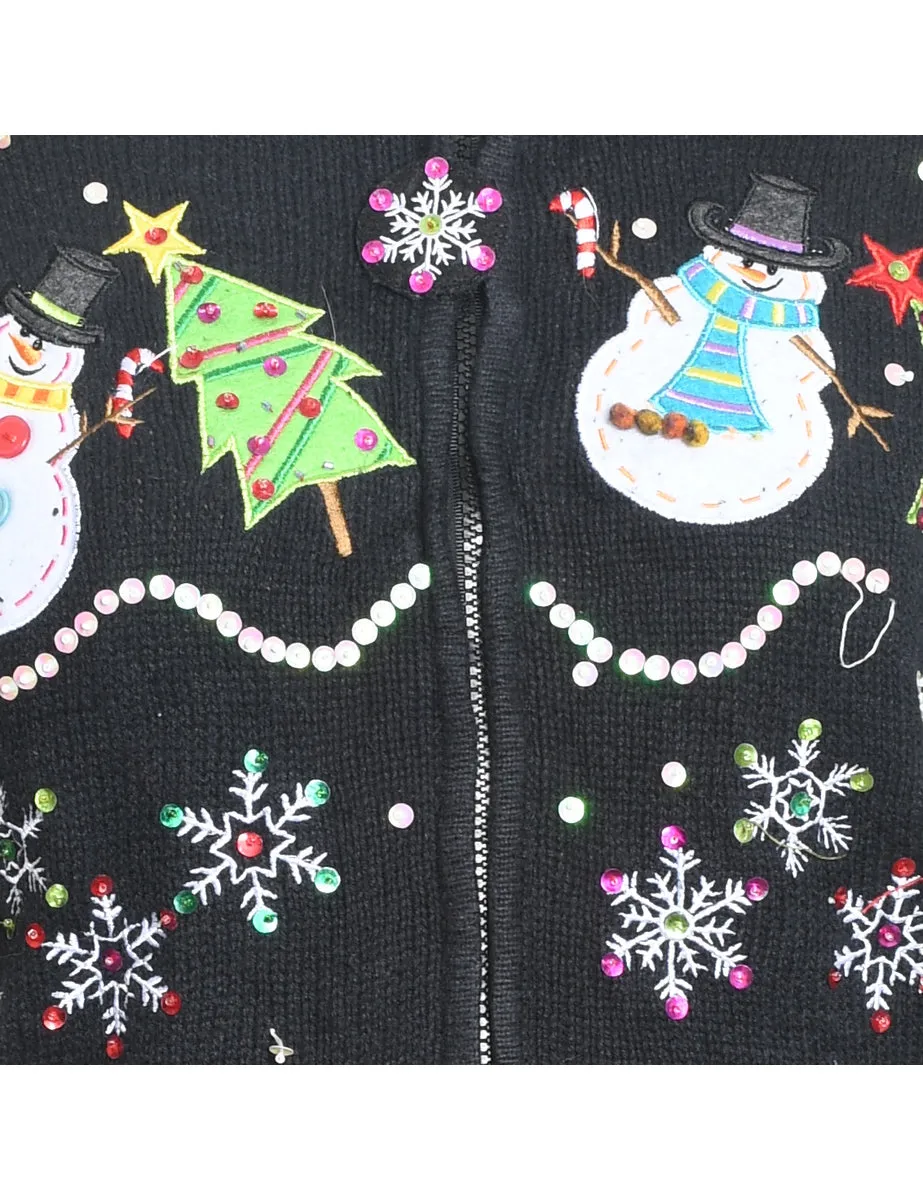 Zip-Front Appliqued Christmas Jumper  - M